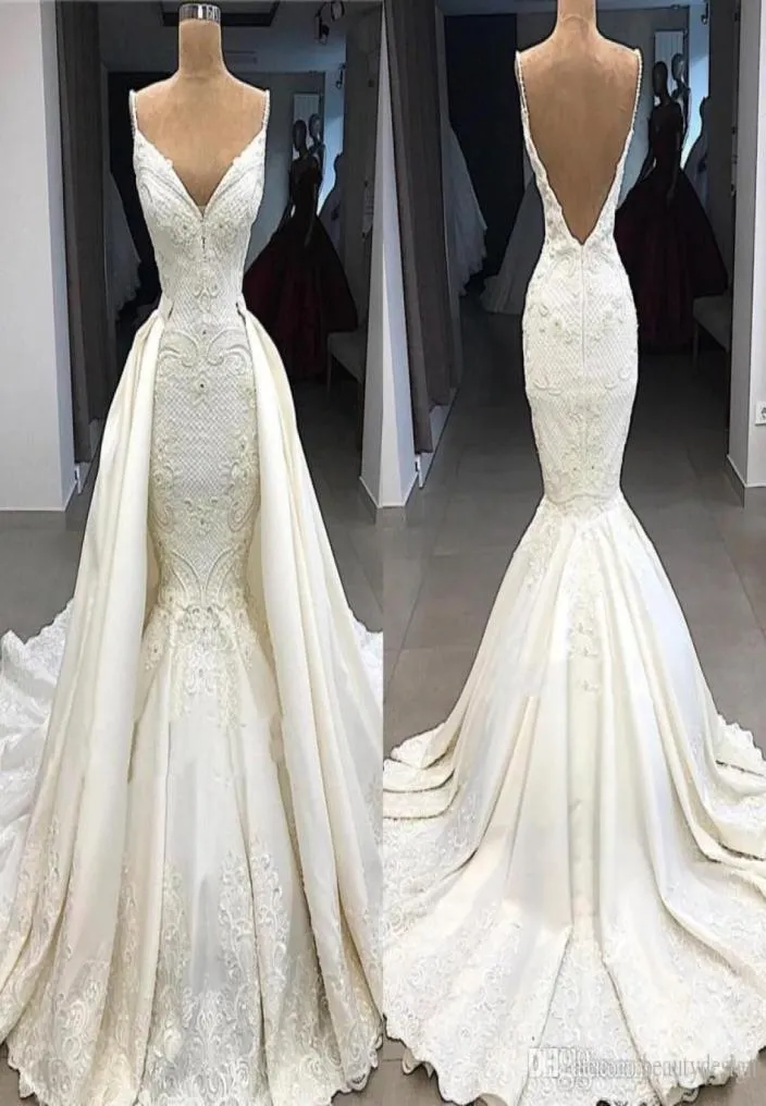 Delicate Mermaid Wedding Dresses with Detachable Train 2019 V Neck Lace Wedding Dress Plus Size Backless Bridal Gowns Custom Made5939770