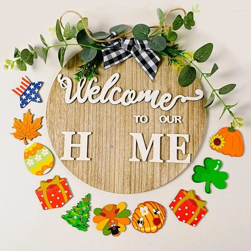 Party Decoration Welcome Sign 9 Accessories Interchangeable Seasonal Front Door Halloween Christmas Wood Wreaths Wall Hanging Decor