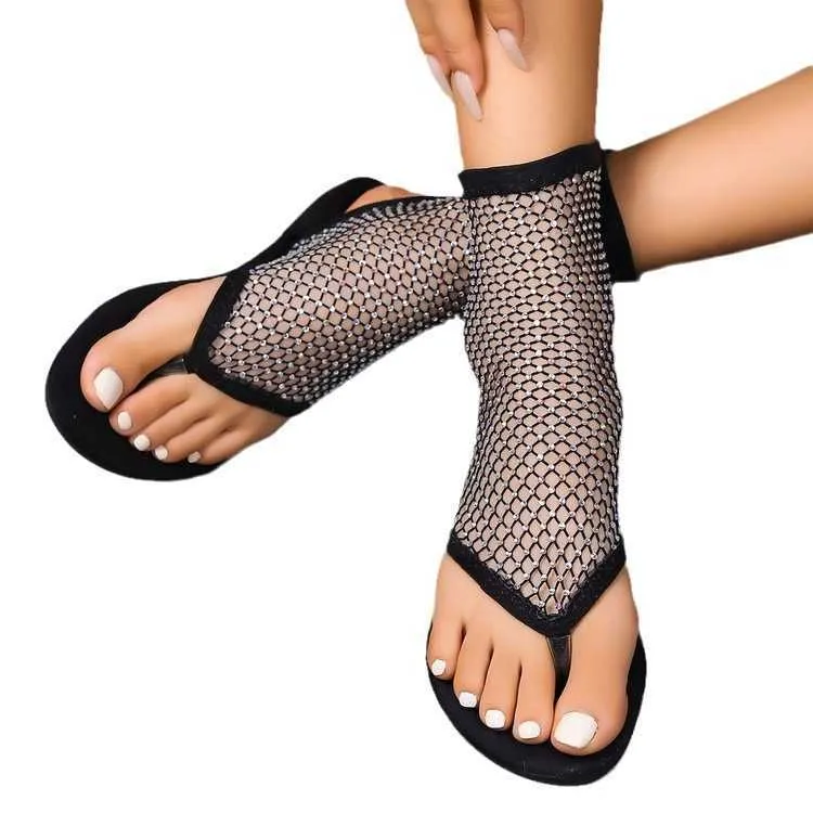HBP Non-Brand 2024 Newest bling luxury gold ladies flat sandals flip flops womens fashion high-top sexy rhinestone fishnet sandals