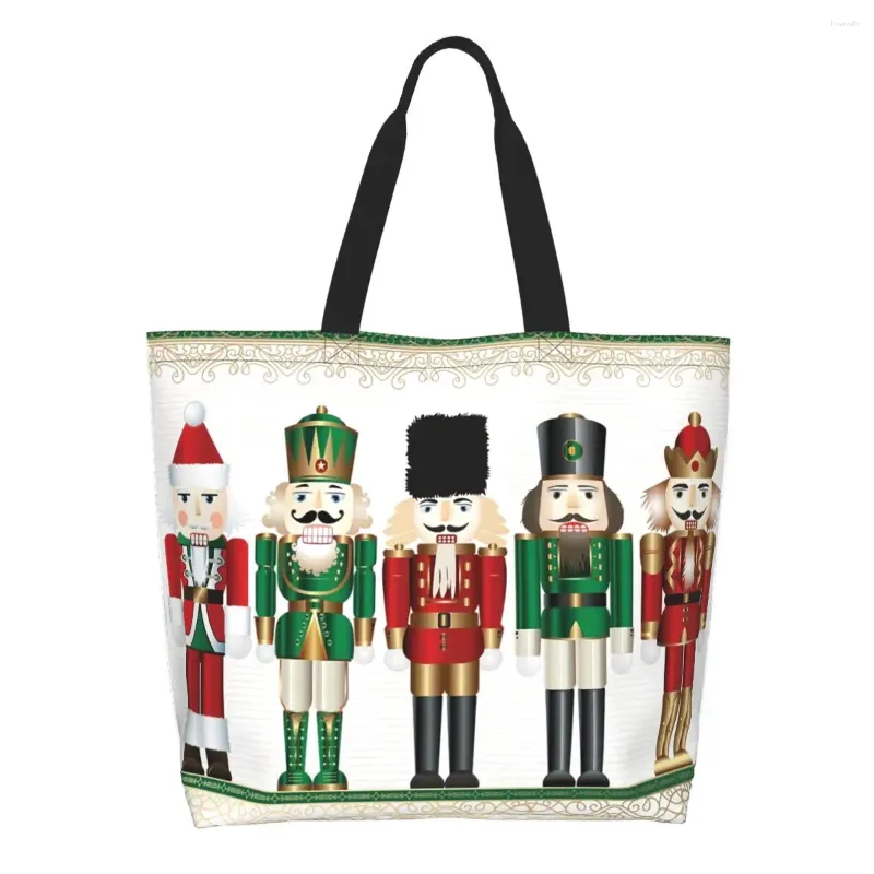 Shoppingväskor god jul nötknäppare väska duk axel tygt tvättbar nötknäppare soldat doll present livsmedelsbutiker shoppare