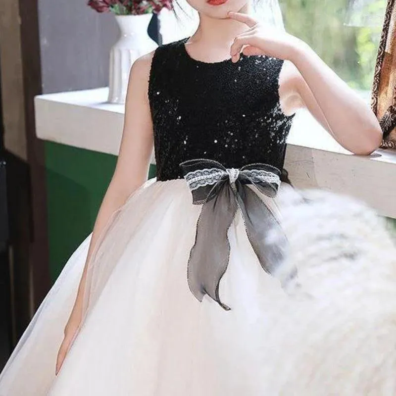 Mädchenkleider Luxus Shinny O-Ausschnitt ärmelloses Sommerabendkleid Exquisite Schleife Schnürung A-Linie Prinzessin Kleid Gespleißtes Mesh Cascading Vestidos