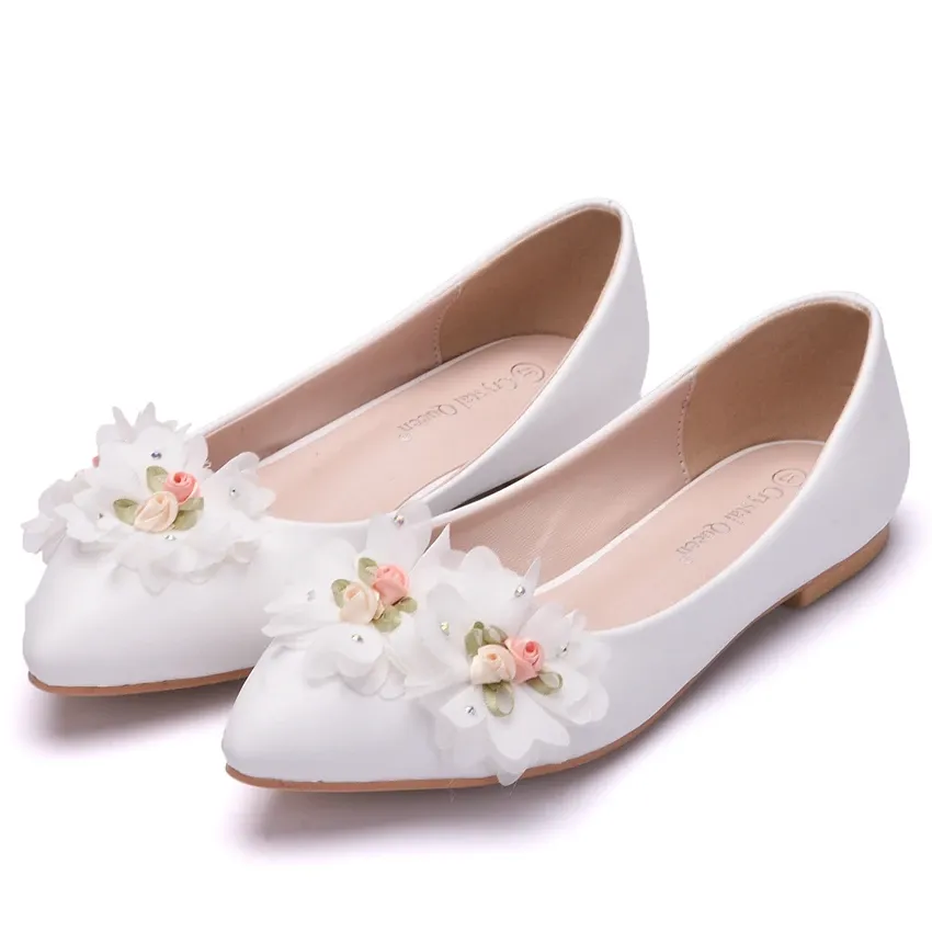 Flats witte kanten trouwschoenen bloem bruidsjurk puntige teen ballerina schoenen slipon boog platte schoenen