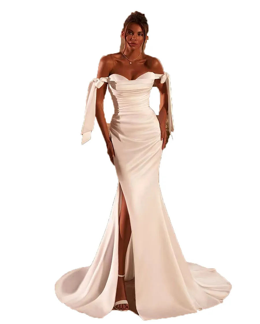 Risparmia alla grande su Abito Da Sposa Sirena Con Maniche A Spalla Abito  Da Sposa A Sirena Fuori Spalla, Abito Da Sposa Avorio Lungo Con Filo Alto, 