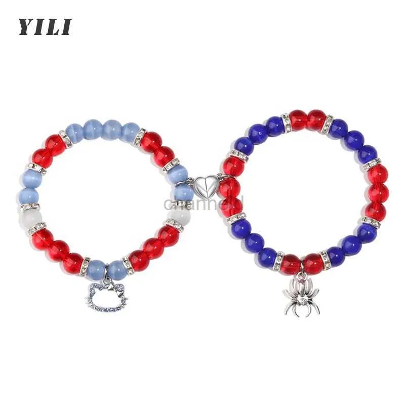 Brazalete 2 piezas / juego de pulseras con dijes de gatito araña, pulseras a juego con corazones para parejas, pulsera de cristal con cuentas, joyería de Halloween 240319