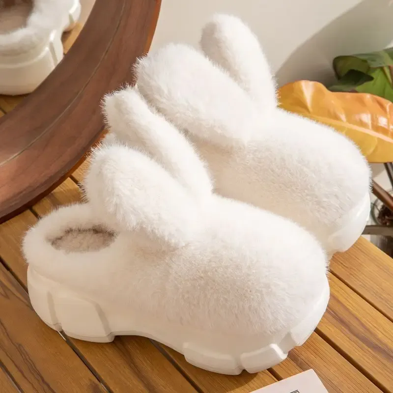Тапочки 8 см толщиной каблуки кроличьи тапочки жены теплые зимние домашние туфли.