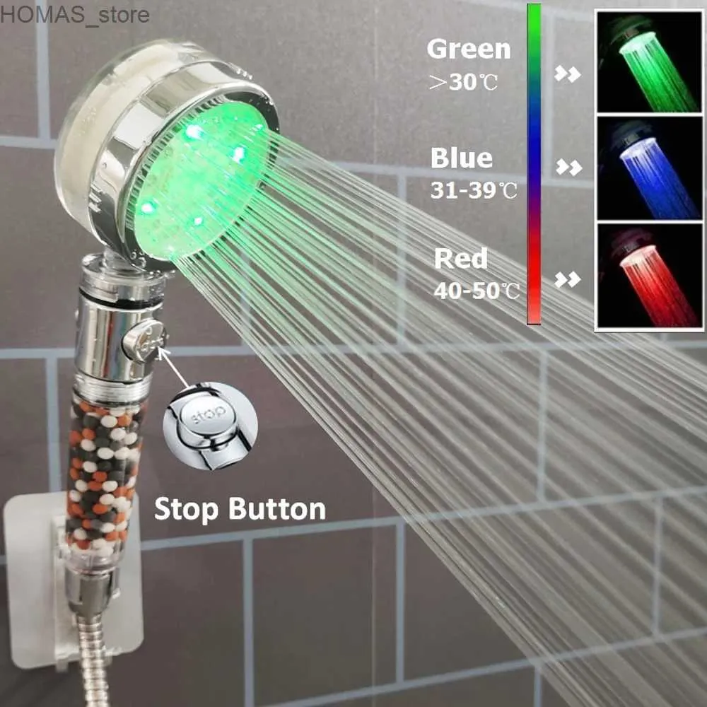 Soffioni doccia da bagno Sensore di temperatura a LED Soffione doccia colorato con pulsante di arresto Filtro ionico negativo Soffione doccia ad alta pressione Accessori per il bagno Y240319