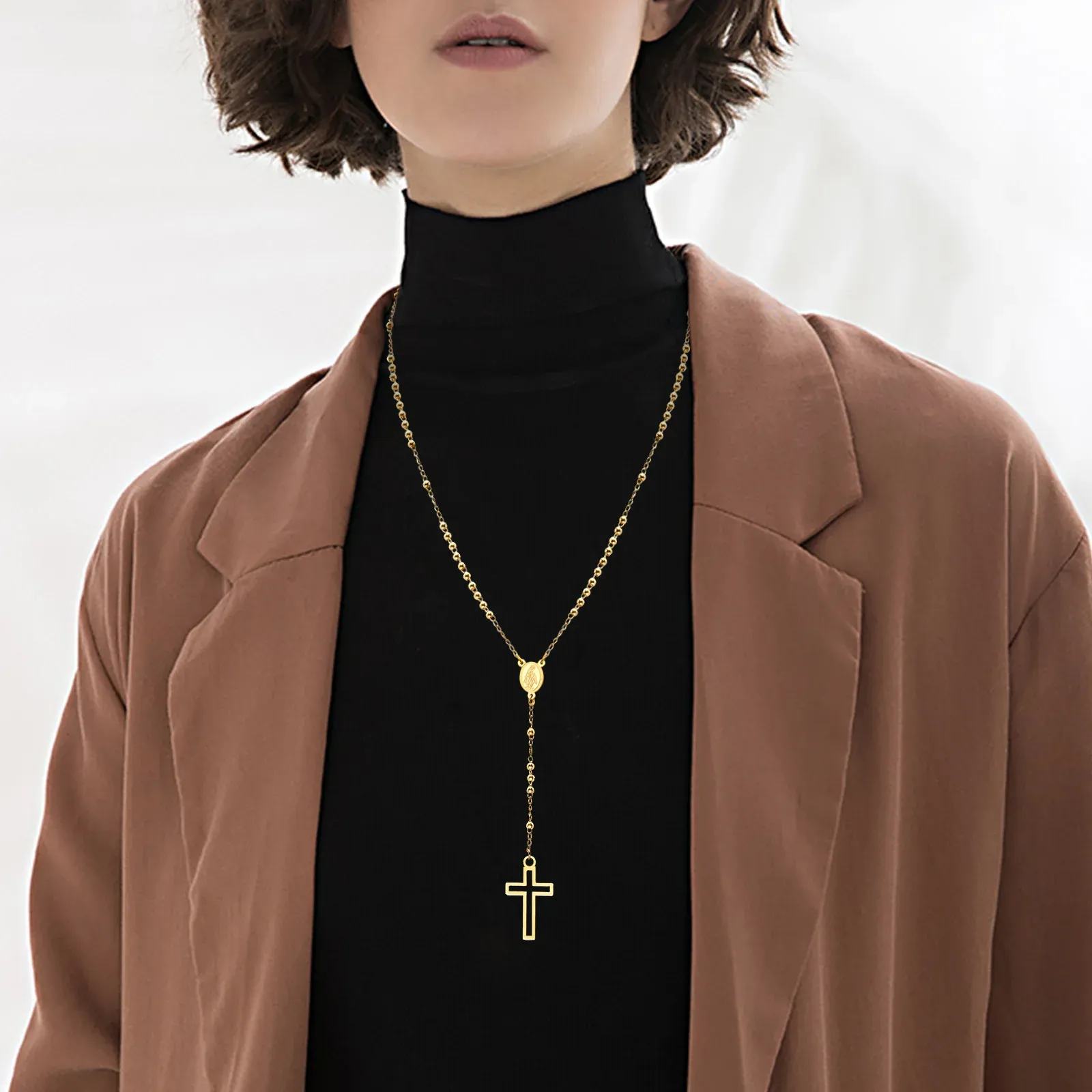 Cross Rosary Necklaces for Women, Hollow Cross Maria Pendant, 14k Gold Christ Jesus Prayer Jewelry