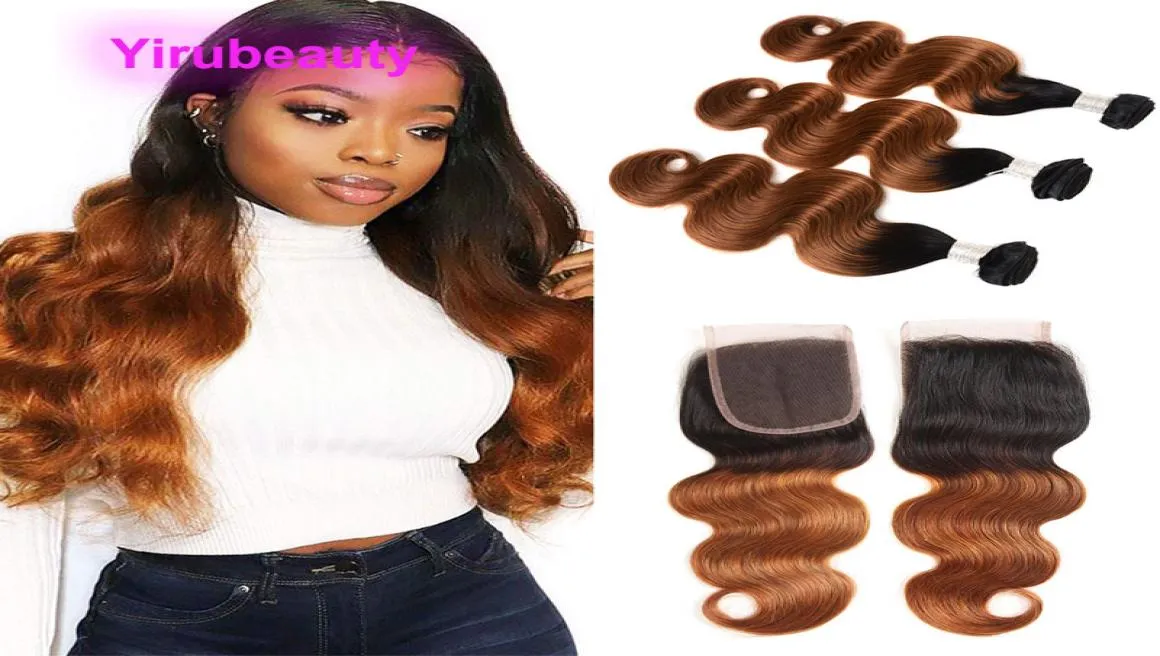 Pacotes de cabelo humano peruano ombre cabelo com fechamento de renda 4x4 4 pedaços onda do corpo 1b30 pacotes com fechamento médio três p3883206