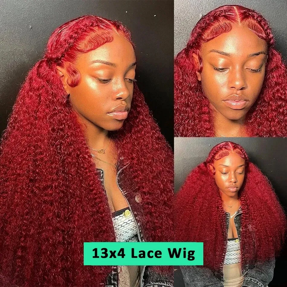 250 Density 99J Burgundy Deep Wave 13x6 HD Lace Frontal Human Hair Wigs Remy Red Colored Curly 13x4 Lace Front Wig for Women