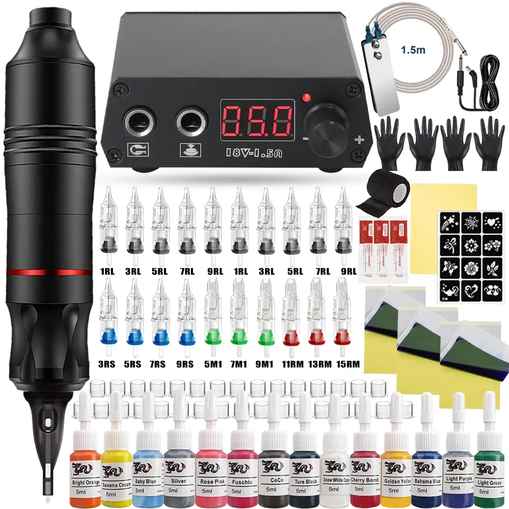 Kits Professional Tattoo Machine Set Ny kraftförsörjning Rotary Tattoo Pen Needle Inks DC Tattoo Gun Makeup Komplett kit för nybörjare