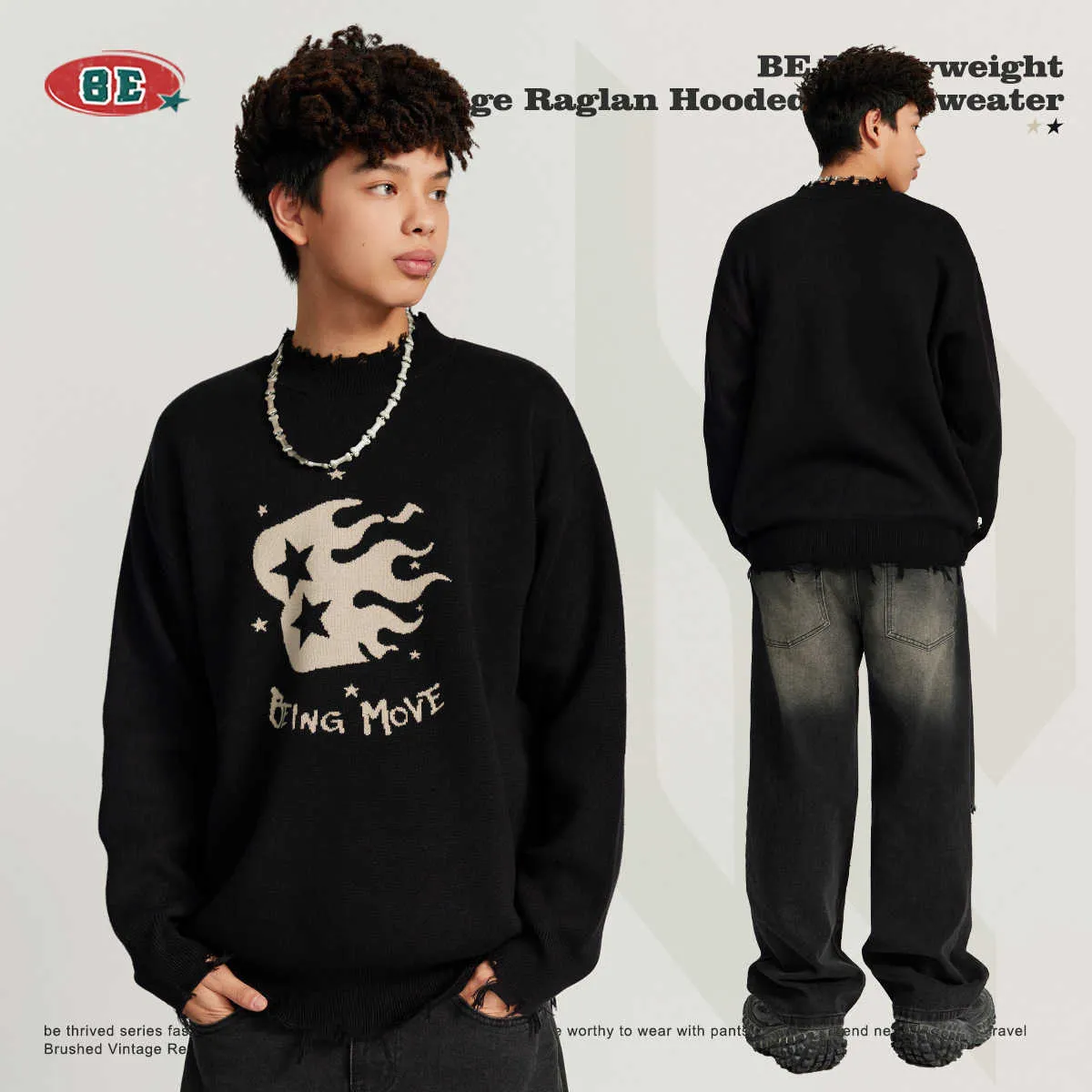 Men's Hoodies Autumn and winter trend cut jacquard crew-neck sweater sweater knit American fashion sweater men Q240319