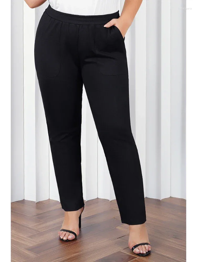 Damenhosen, Basic, schwarz, für Damen, Übergröße, lässig, mit Tasche, elastisch, hohe Taille, abgeschnittene Bleistifthose, Bürodame, Hose, Leggings, weiblich