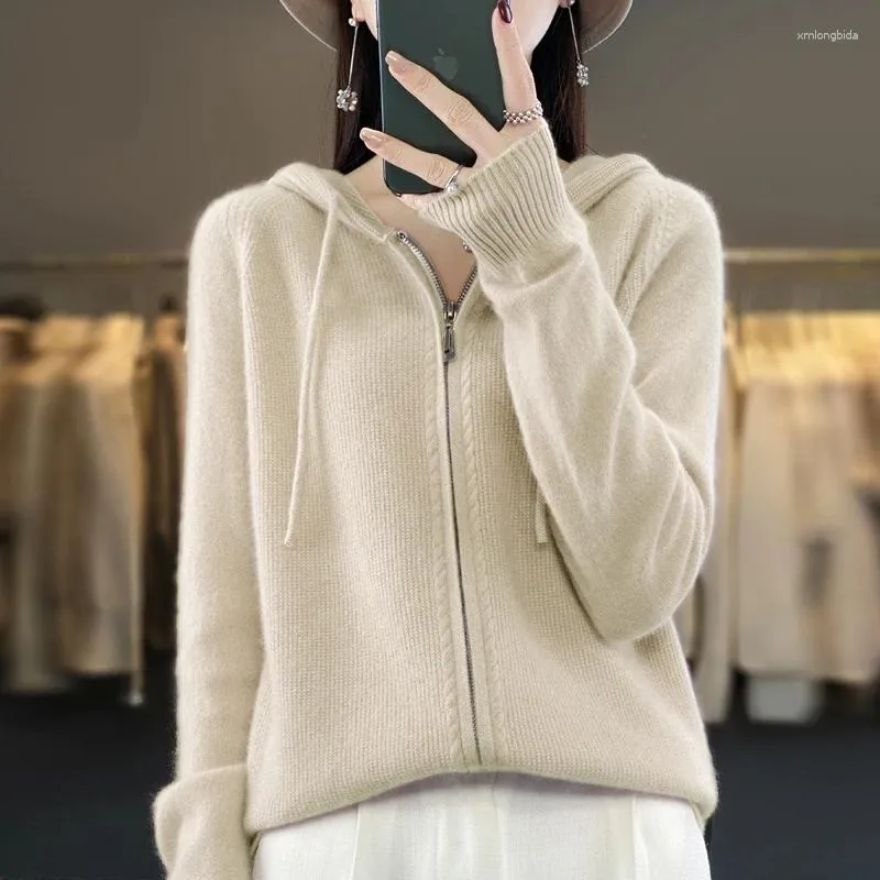 Women's Knits 2024 Autumn/Winter Pure Wool Cardigan Hooded Versatile Loose Knitted Long Sleeve Selling Product Coat Sweat