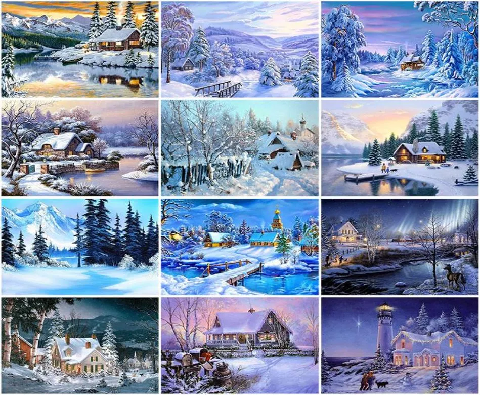 Schilderijen DIY 5D Diamond schilderij Huis borduurwerk winter sneeuwlandschap Volledige vierkante mozaïekhars landschap Cross Stitch Kits6712112