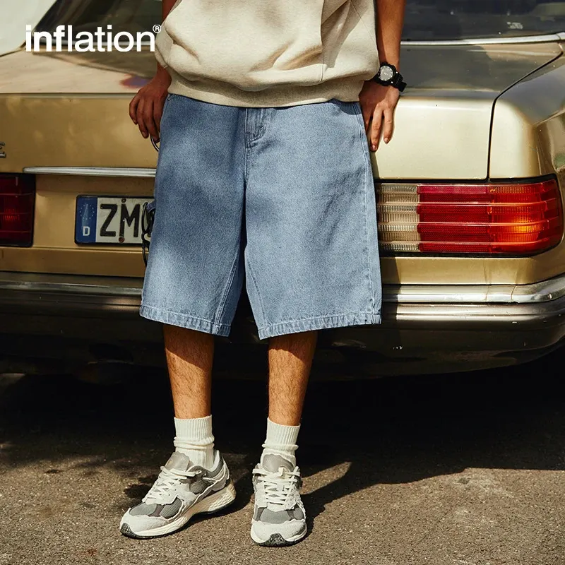 INFLATION Vintage Denim Shorts Man Loose Straight Washed Jeans Shorts Male Plus Szie 240313