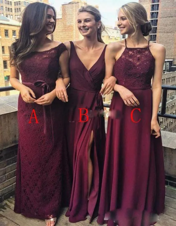 Billig Bourgogne En linje brudtärna klänningar olika stil lång chiffong brudtärna klänningar vestido de dama de heder 201832822716182566