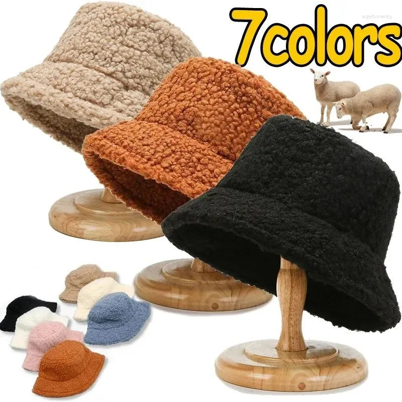 Berets Fashion Cashmere Bucket Hat 7colors Winter Lamb Wool Lady Fisherman Hats Wide Brim Flat Top Cold-proof Windproof Cap Solid Color