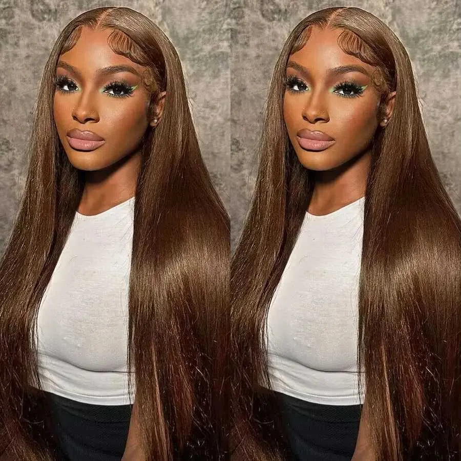 Synthetic Wigs 200% Chocolate Brown Straight Lace Front Wigs Human Hair Transparent 13x4 Lace Frontal Human Hair Wig Pre Plucked Colored Wig 240329