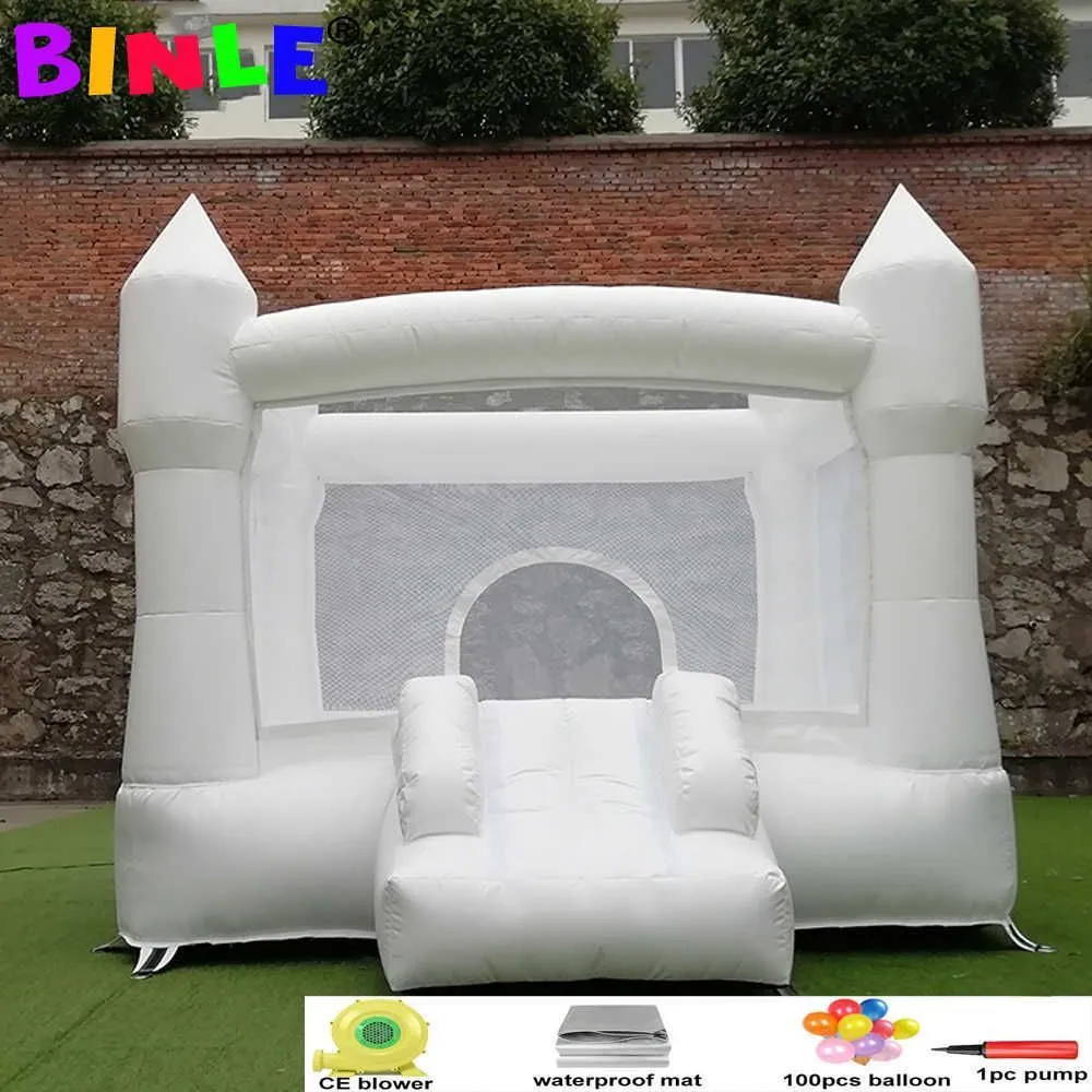 8ft /2.5m White Mini PVC Uppblåsbart hoppslott med Slide Bow Up Liten Bounce House för Party Toddler inomhus utomhus