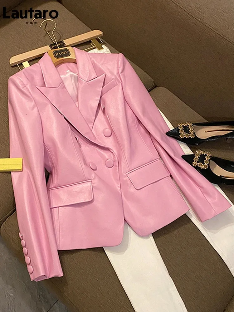 Lautaro Spring Stylish Short Pink Soft Pu Leather Blazer Long Sleeve Slim Fit Luxury Jackets For Women Elegant Fashion 5XL 240309