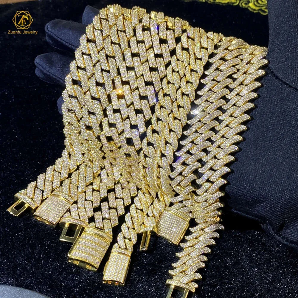 Zuanfu Luxury Big 20 mm Hiphop Baguette Moisanite Cuban Link Chain Gold plaqué 925 Collier cubain diamant en diamant en argent sterling