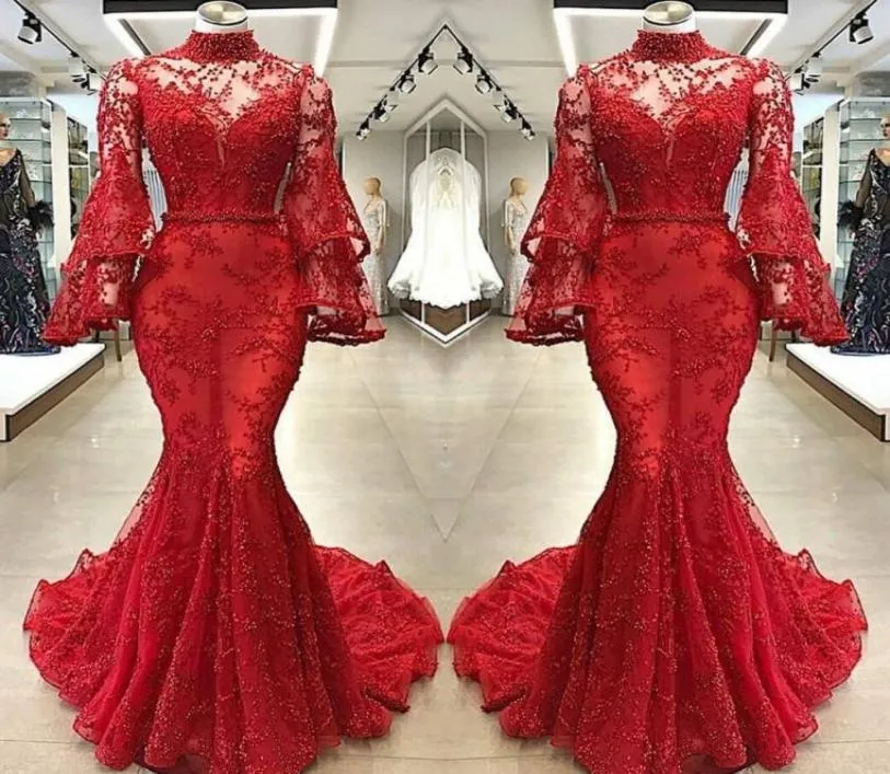 Abiti da sera a sirena in pizzo rosso Illusione sexy Poeta maniche lunghe Collo alto Appliqued Perline Abiti lunghi da spettacolo per feste Abito da ballo3887436