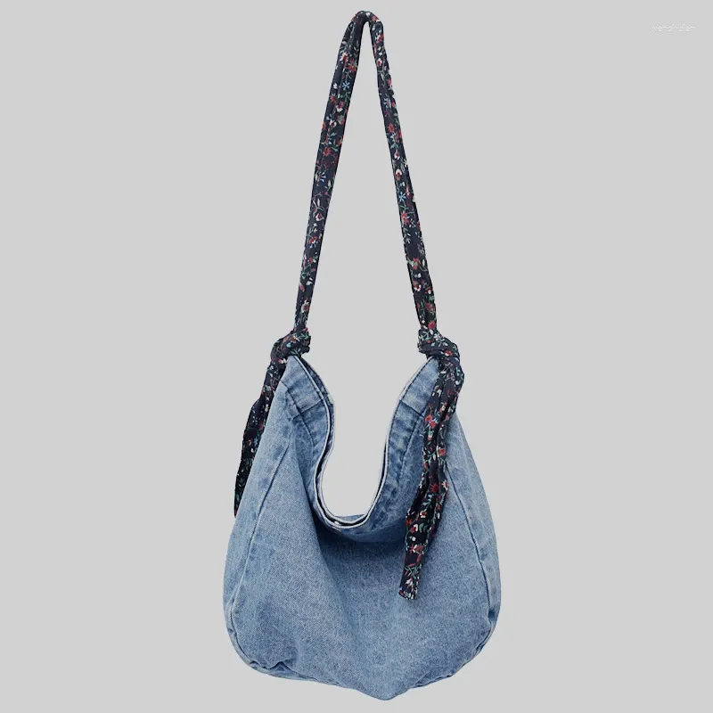 Totes Femme Rural Denim Hobo Sac à main avec petite ceinture florale 2024 Adolescent Étudiant Lavé Jeans Tissu Quotidien Mignon Slouch Messenger Sac