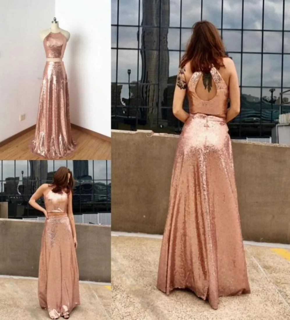 Real Images Sequined Bridesmaid Dresses Sheath Hollow Back Two Pieces Dresses Wedding Wear Rose Gold Maid Of The Honor Gowns2973349