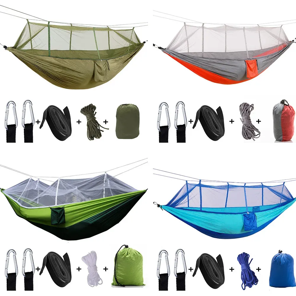 Amaca da paracadute tinta unita opaca con cinghie per amaca e moschettone nero Camping Survival travel Mobili da esterno per doppia persona