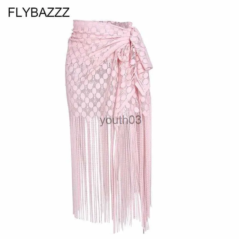 Skirts Skorts New 2019 Women Bikini Cover Up Swimwear Sexy Lace Hollow Long Tassels Beach Maxi Wrap Skirts Sarong Summer Split Skirt Cover-Ups 240319