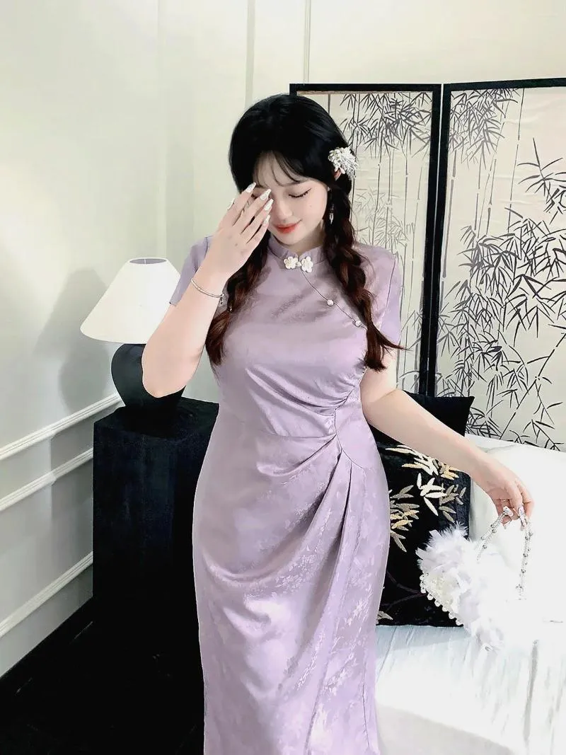 Ethnische Kleidung Sommer Plus Size Chinesisch Modern Improvement Slim Cheongsam Damen Lila Jacquard Taille Traditioneller Stil Lange Kleider