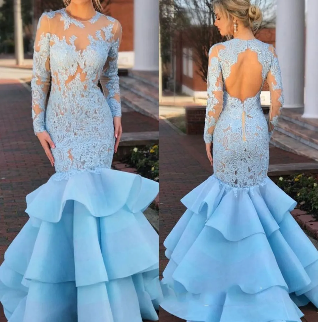 2019 Gorgeous Long Sleeve Mermaid Lace Prom Gown Sky Light Blue Tiered Ruffles Hollow Back Long Formal Evening Dresses Party Gown3916949