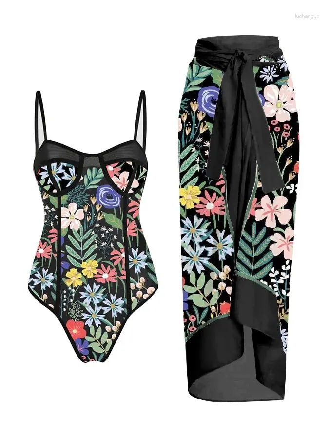 Women's Swimwear Vintage Small Floral Print Colorful One-piece Bodysuit Suitable For Slim Bikinis And Cover Up 2024 Women Summer Est Style