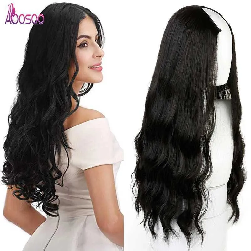 Perucas sintéticas Longo Ondulado Culry Meia Peruca em Forma de U para Mulheres 24 Natural Feminino Longo Preto Marrom Perucas Resistentes ao Calor Cabelo Sintético 240329