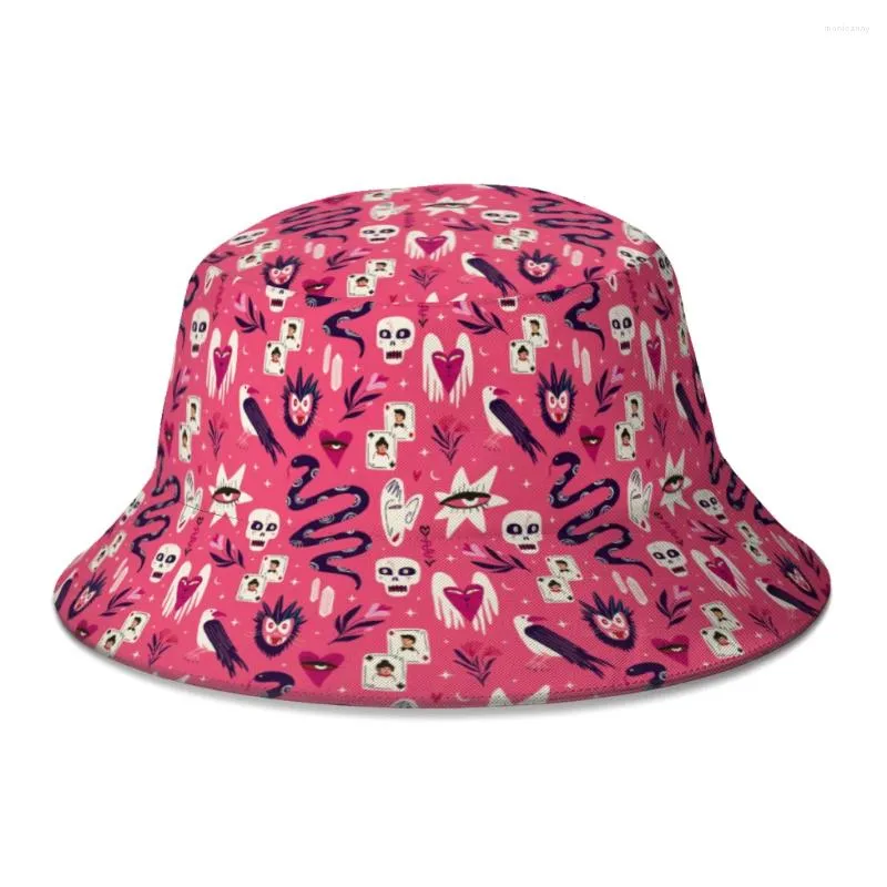 Berretti Rosa Halloween Magico Mistico Esoterico Gotico Terrore Teschio Cappello a secchiello per donna Uomo Adolescente Cappelli Bob pieghevoli Cappellino Panama