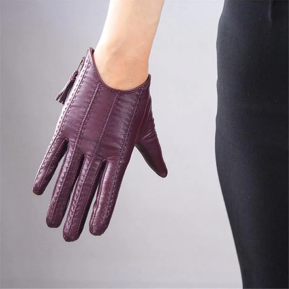 Pekskärmhandskar äkta läder Pure Importerad Goatskin Tassel Zipper Kort stil Dark Purple Female Touch Function260U