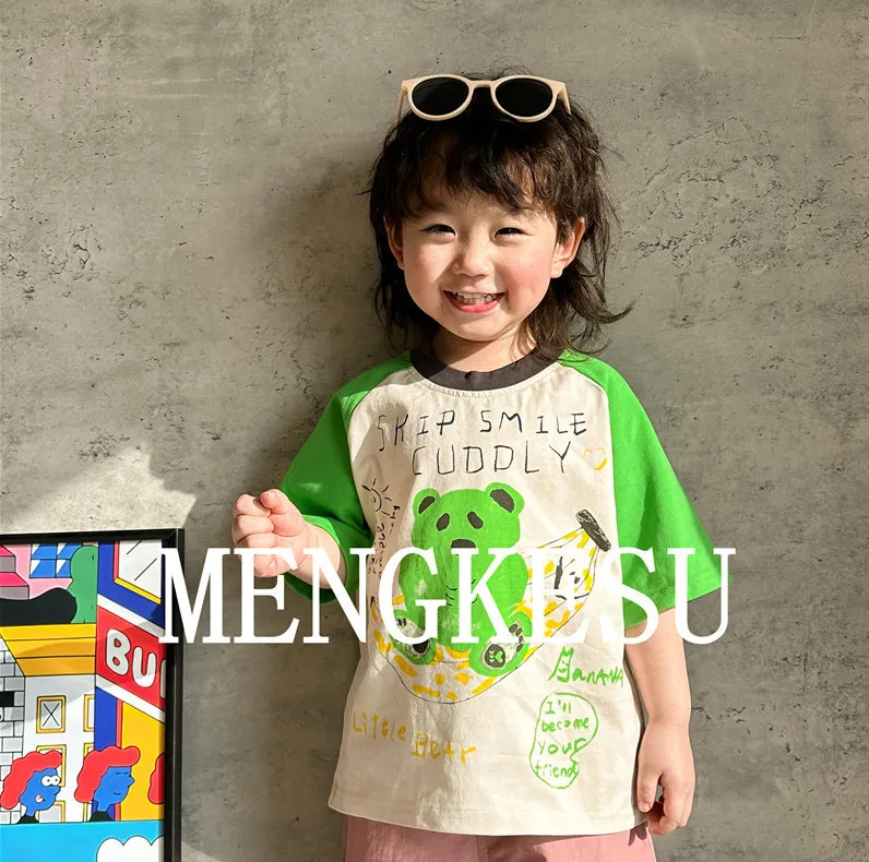 Kinderen beer brief gedrukt T-shirt jongens patchwork kleur half mouw tops 2024 zomer kids katoen losse casual kleding Z7234