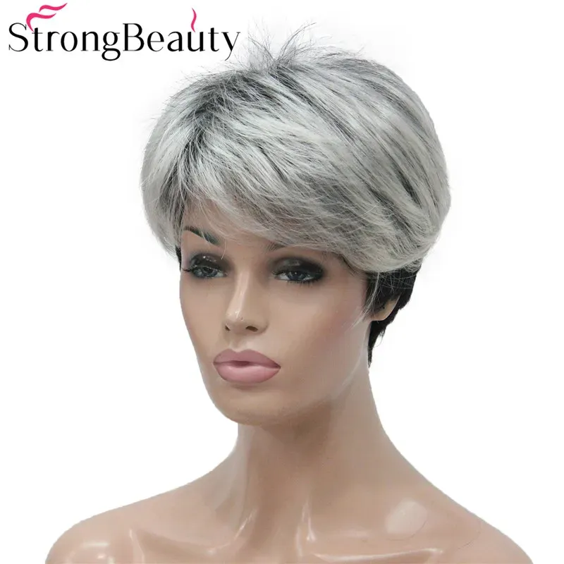 Perruques Strong Beauty Court Gris Avec Perruque Noire Deux Tons Perruques Pour Femmes Frange À Balayage Latéral Cheveux Synthétiques