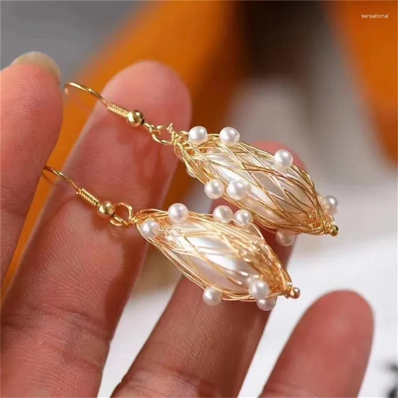 Boucles d'oreilles pendantes en fil de cuivre, couleur or, faites à la main, perle d'eau douce naturelle, pendentif géométrique, crochet pour femmes, accessoires de bijoux