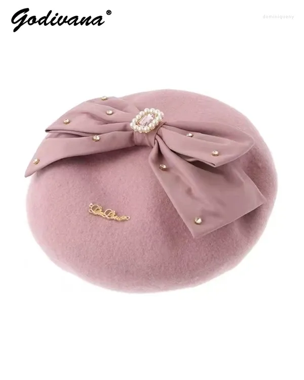 Bérets Sweet Girl Beret Cap Femme Automne et hiver Casquettes japonaises Bow Woolen Liz Vintage Painter Chapeaux pour femmes