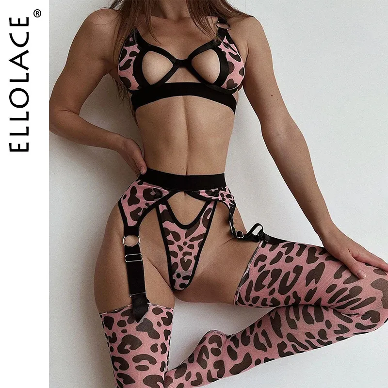 Ellolace Leopard Lingerie With Stocking Cut Out Bra Sensual Brief Sets 4Piece See Through Lace Fancy Underwear Garter Intimate 240307