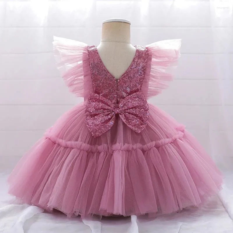 Abiti da ragazza per bambini Abito con fiocco in paillettes Battesimo 1° compleanno Principessa per neonate Vesti tutù in pizzo Spettacolo di nozze