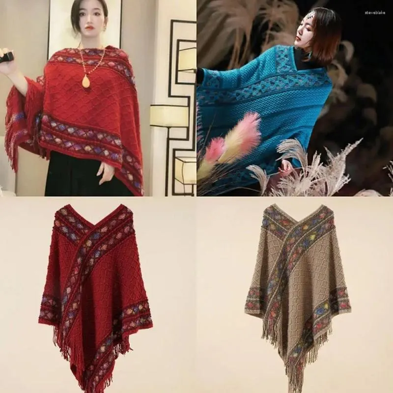 Scarves Ethnic Style Mongolian Poncho Soft Winter Warm Imitation Cashmere Knitted Cape Rhombic Stripe Tassel Shawl Women Fashion