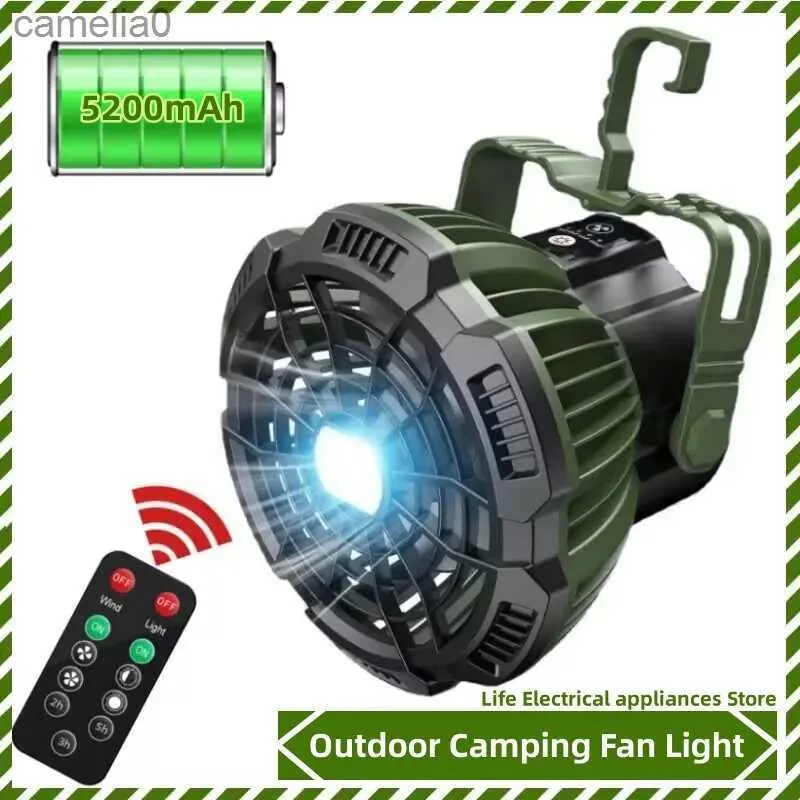 Electric Fans Portable Small Outdoor Fan 5200mAh Lithium Battery Fan Adventure Camping Hanging Fan Lights LED Lighting Remote Control TimingC24319