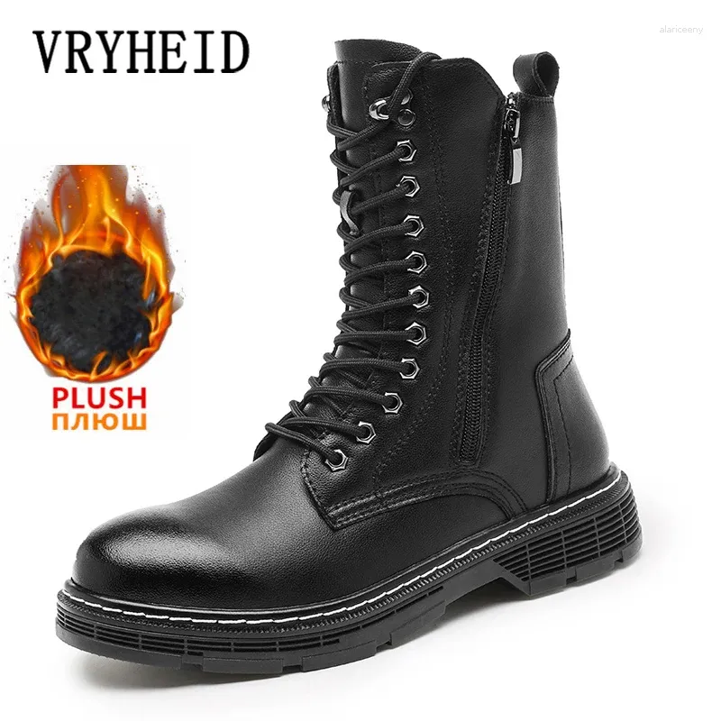 Botas vryheid homens preto couro genuíno ao ar livre moda alta superior punk sapatos inverno quente pele casual estilo de rua tornozelo 48