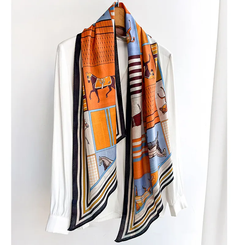 Neuer Designer-Schal für Damen, schmaler, schmaler Seidenschal mit Taschengriff, doppelseitig bedruckter Twill-Satin, Marke kleine Seide, 44 x 152 cm