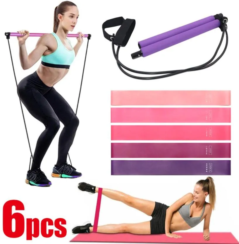 6pcs Set Portable 2 Foot Loops Lightweight Trainer Pilates Bar Stick with Yoga Resistance Band for Gym Home Fitness Body Workout1142106