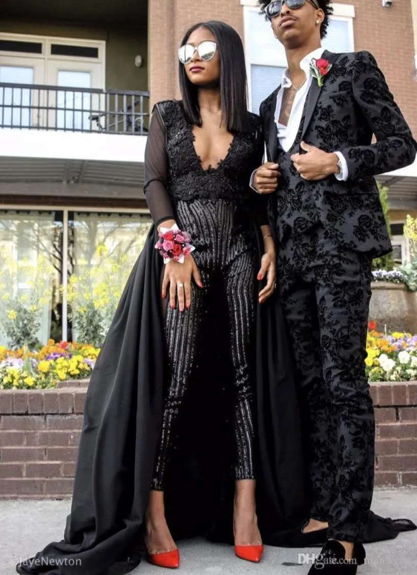 Сексуальные платья для выпускного вечера 2019 года со съемным шлейфом, потрясающий комбинезон, черное вечернее платье с длинными рукавами, блестками и бисером, вечерние платья3856046