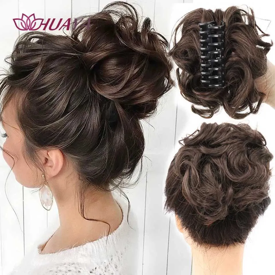 Syntetiska peruker hårillbehör Huaya Messy Curly Short Synthetic Hair Chignon Donut Roller Bun Wig Claw Clip in Hairpiece For Women 240328 240327