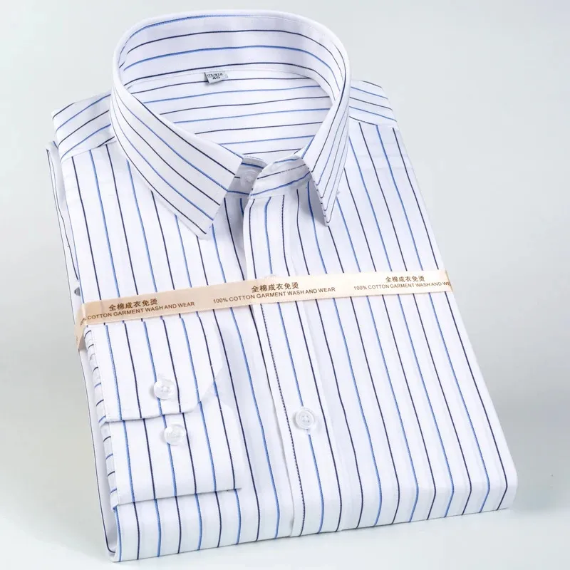 Mens Classic Long Sleeve Non-Iron Striped Dress Shirts Removable Collar Stays Formal Business Regular Fit Pure Cotton Shirt 240319